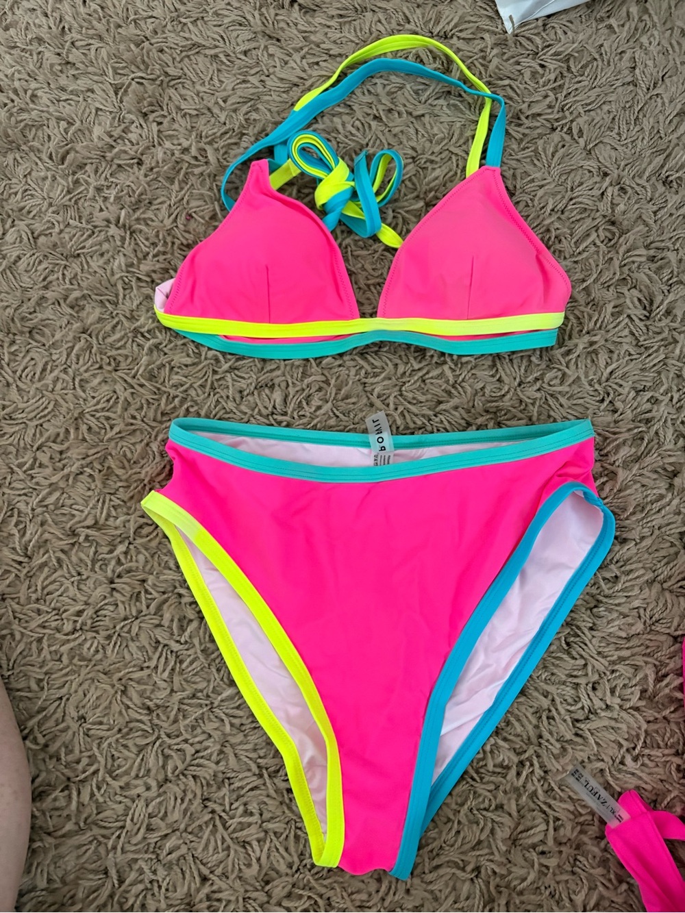 Neon Pink Triangle Bikini with Yellow & Turquoise Trim Large Popvil